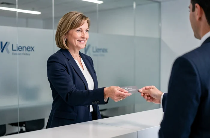 Femme professionnelle à un comptoir d'accueil tendant une carte de visite pour faciliter le contact client