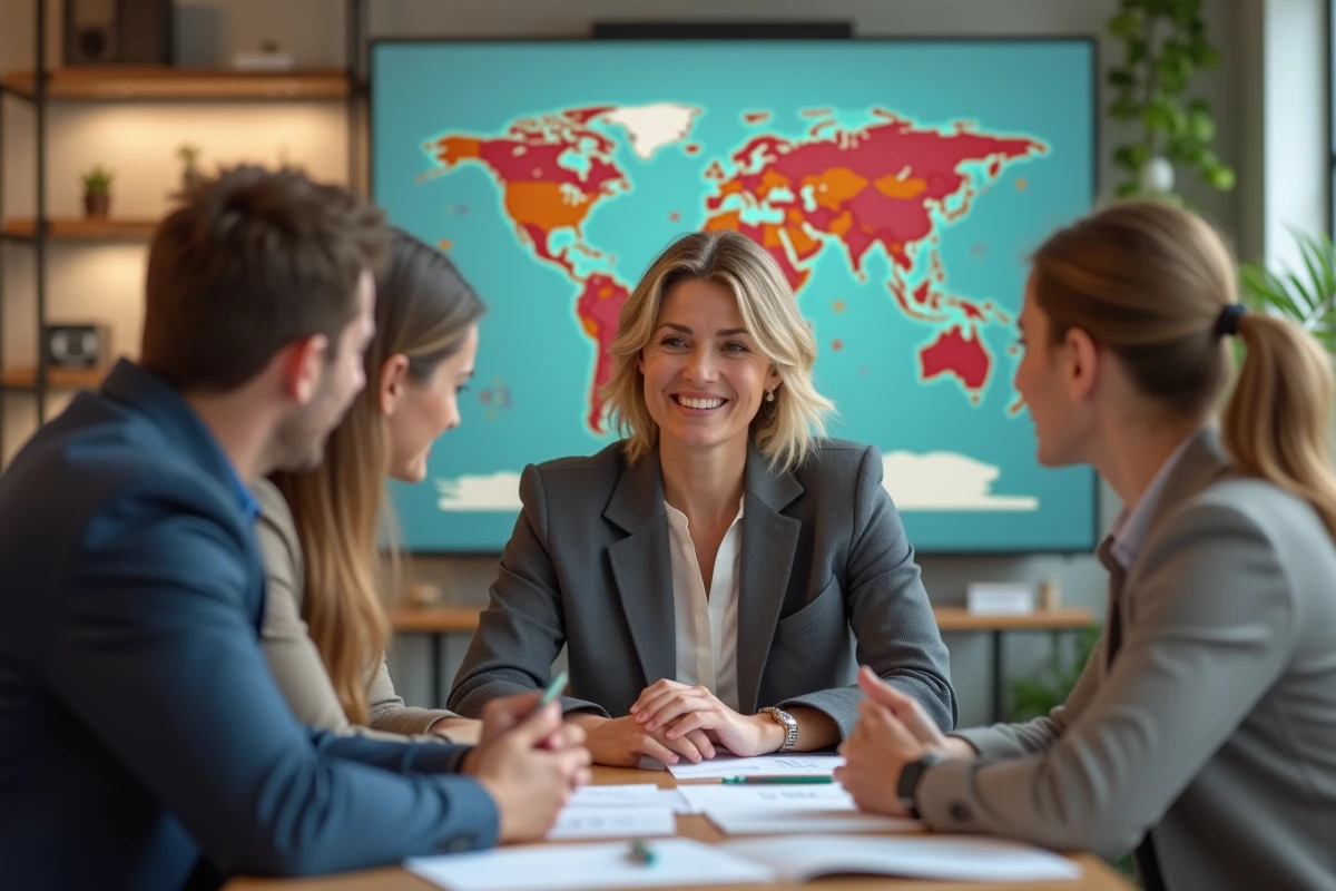 Travel agent discussing honeymoon with couples