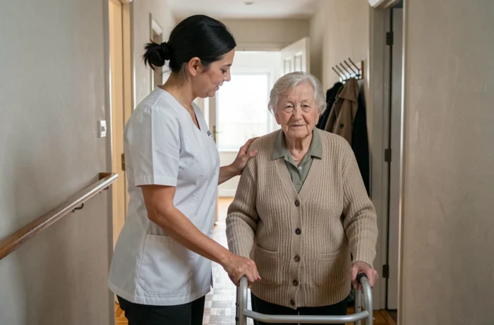 Une aide à domicile accompagne une dame âgée avec déambulateur dans le couloir de son domicile, illustrant les services de maintien à domicile pour seniors
