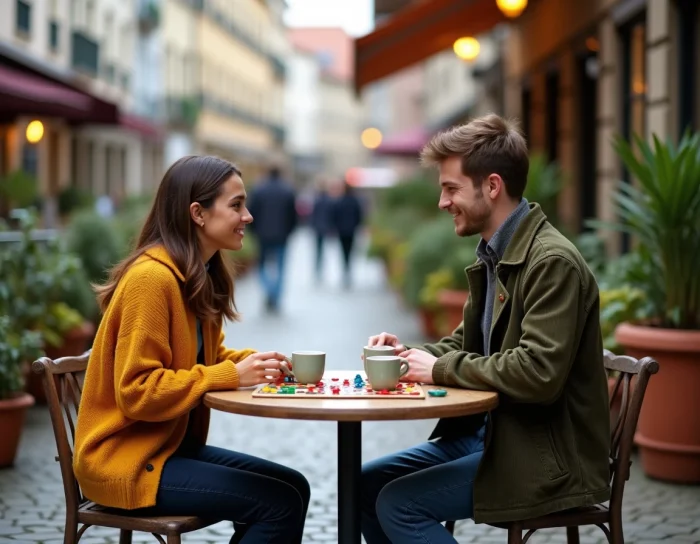 Two friends playing a strategic board game on a café terrace, urban leisure trend among friends