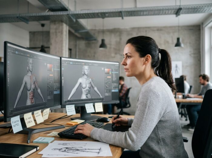 Artiste 3D professionnelle travaillant sur un modèle de personnage complexe dans un studio de création numérique moderne