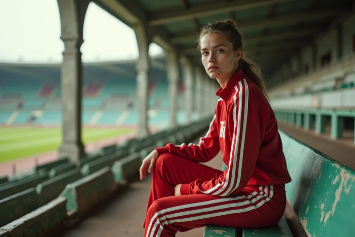Vrouwelijke atleet zittend in een leeg historisch stadion in een oude nationale trainingsoutfit die de grote legenden van de sport symboliseert