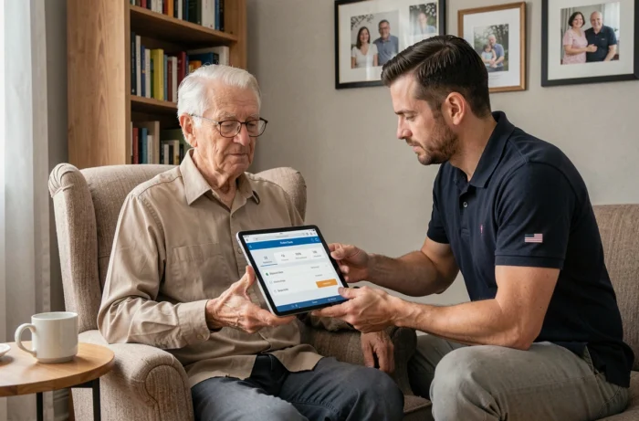 Un auxiliaire de vie masculin aide un homme senior à comparer des services d'aide à domicile sur une tablette numérique dans un salon confortable