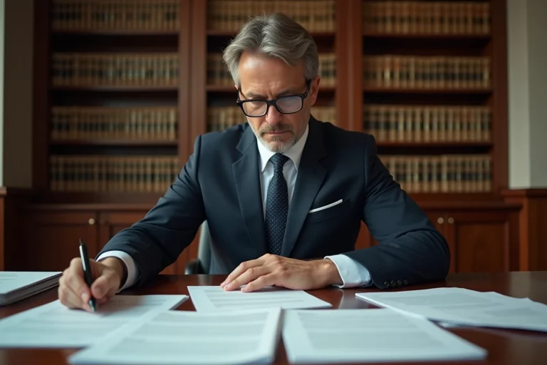 Avocat en costume marine analysant des documents financiers dans un cabinet juridique lors d'une liquidation judiciaire