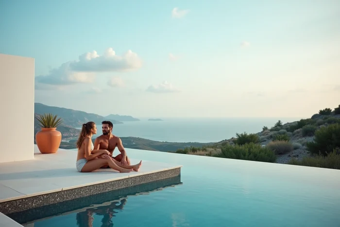 Casal sentado em um grande banco de piscina em cerâmica antracite em forma de L, design contemporâneo com vista para o mar Mediterrâneo