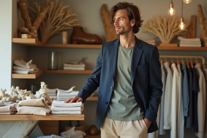 Man in a linen blazer dyed with marine pigments in a sustainable fashion store with driftwood decor