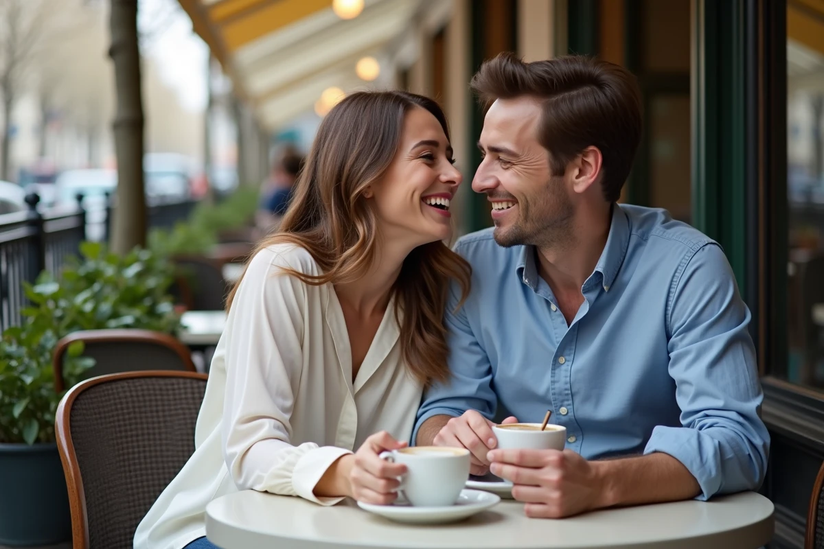 Young couple laughing at a Parisian café outdoors