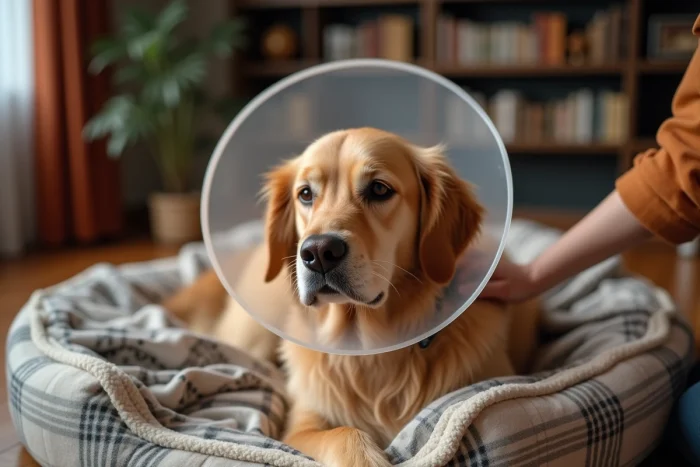 Chien golden retriever portant une collerette elizabéthaine transparent allongé calmement sur son coussin avec la main rassurante de son maître