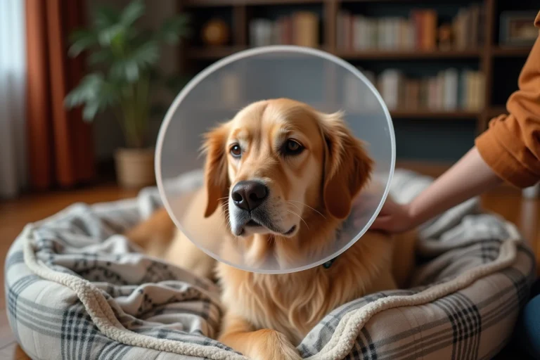Chien golden retriever portant une collerette elizabéthaine transparent allongé calmement sur son coussin avec la main rassurante de son maître