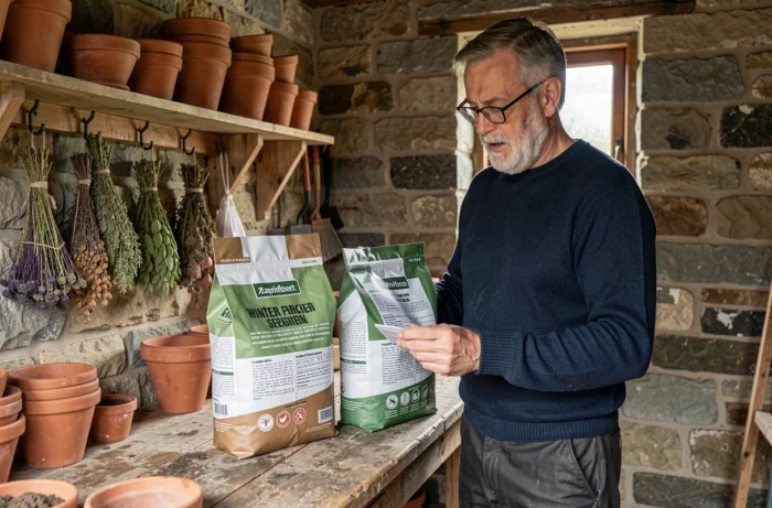 Jardinier comparant deux engrais hivernaux dans un abri de jardin en pierre avec des pots en terre cuite