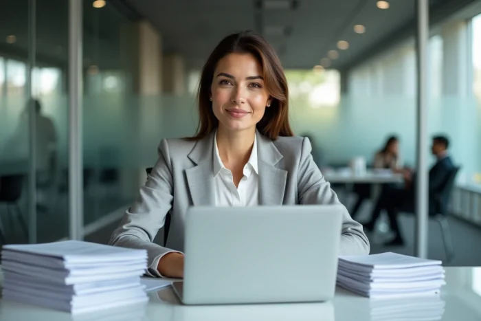 Female accountant organizing creditor files at a business meeting table