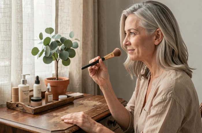 Femme mature aux cheveux naturels appliquant une crème teintée devant une coiffeuse en bois, conseils beauté naturelle