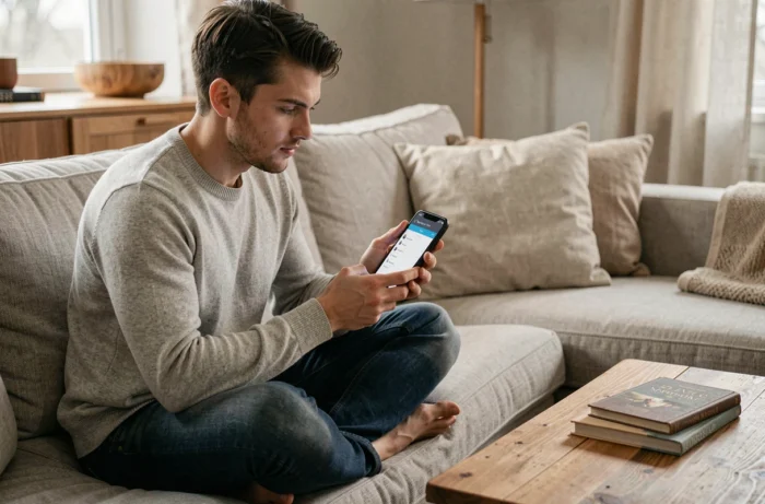 Personne sur un canapé utilisant son smartphone pour envoyer un message de contact en ligne