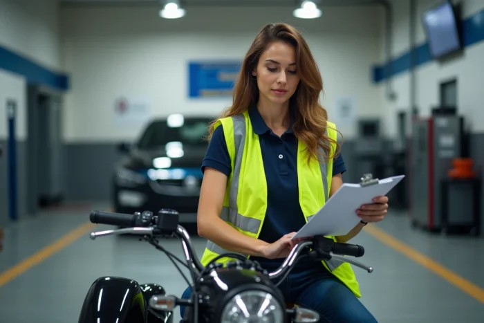 Woman in a safety vest inspecting a trike during a technical inspection at an approved center in France