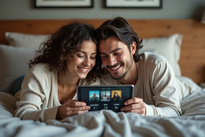 Pareja eligiendo una película en una tablet en una habitación moderna a través de una plataforma de streaming legal