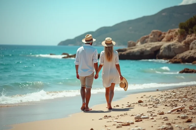 Jeune couple en Corse marche sur la plage méditerranéenne