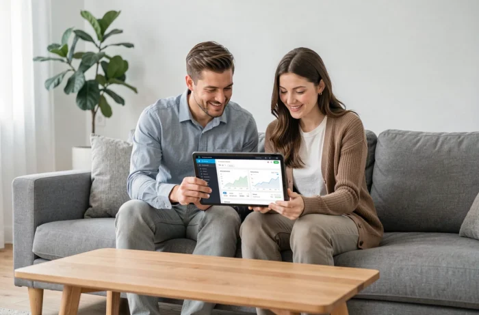 Couple gérant ensemble leurs comptes bancaires CACMDS sur une tablette dans leur salon