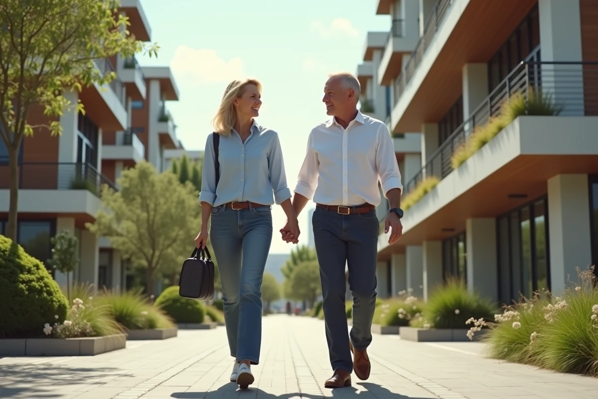 Couple walking hand in hand in an eco-neighborhood