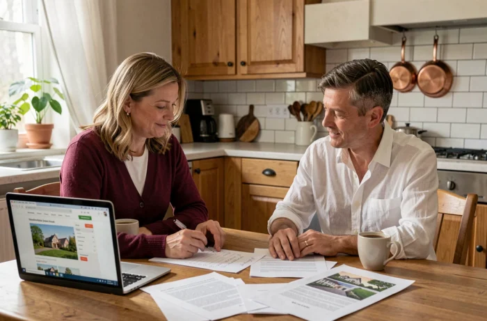 Un couple prépare sa checklist pour un rendez-vous avec un vendeur immobilier depuis leur cuisine