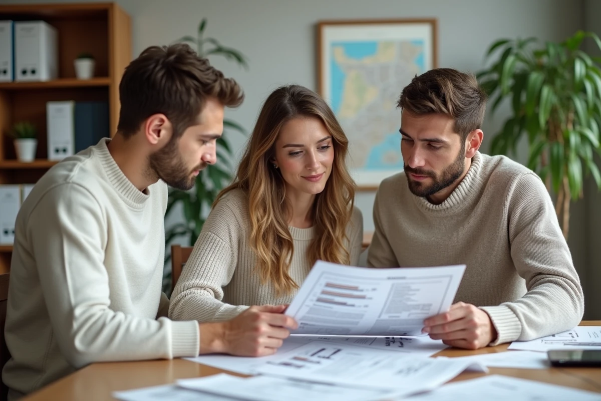 Jeune couple discutant d un rapport immobilier avec une agente dans un bureau lumineux