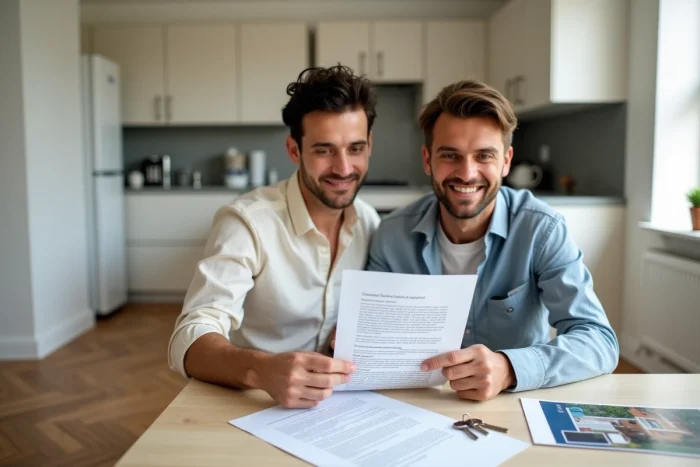 Couple of landlords reviewing a rental contract in a renovated apartment ready to be rented out