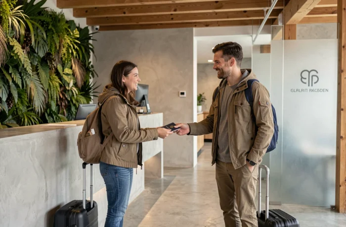 Couple de voyageurs enregistrant leur arrivée à la réception d'un hôtel boutique moderne avec leurs bagages