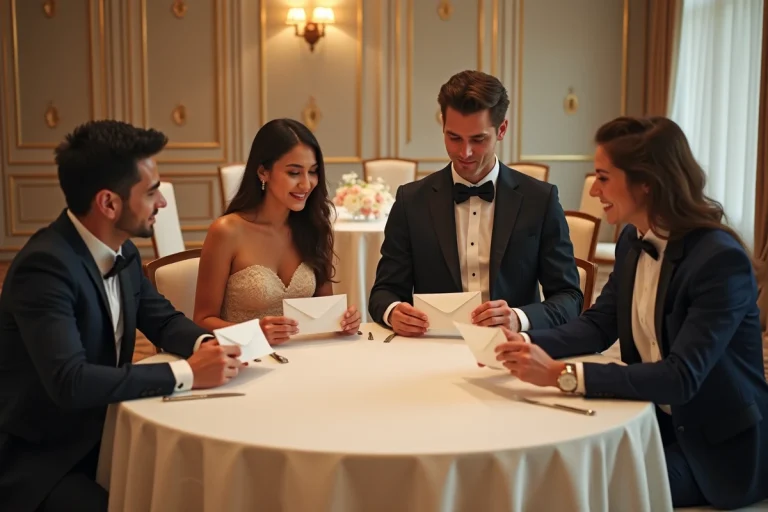 Couples élégants avec enveloppes dans une réception raffinée