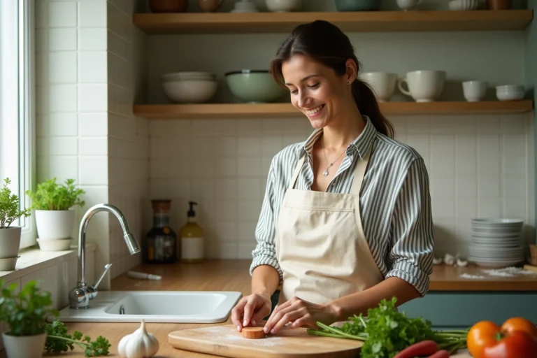 Femme qui coupe des légumes frais sur une planche en bois dans une cuisine maison moderne et chaleureuse