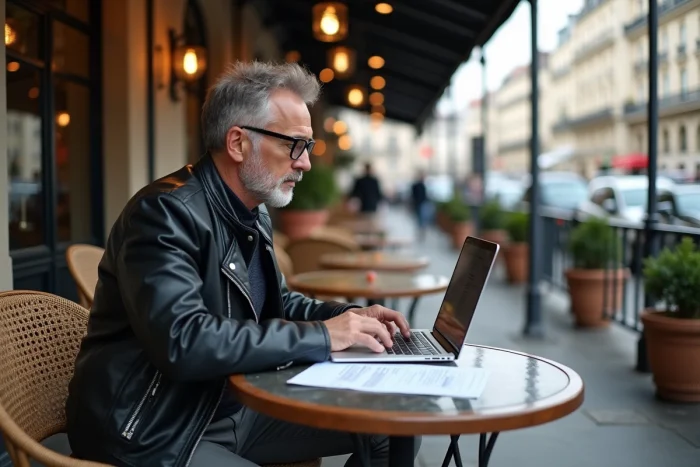 Man consulting the homologation procedures for a trike on a laptop with prefecture forms on a terrace