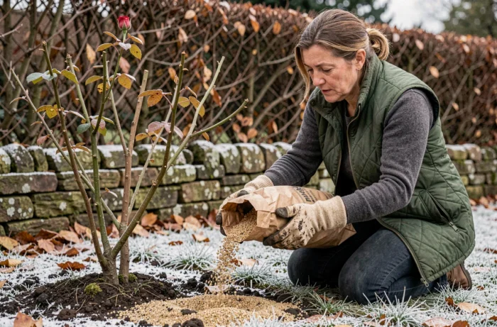 Femme épandant de l'engrais hivernal granulaire autour d'un rosier dormant dans un jardin couvert de givre en automne