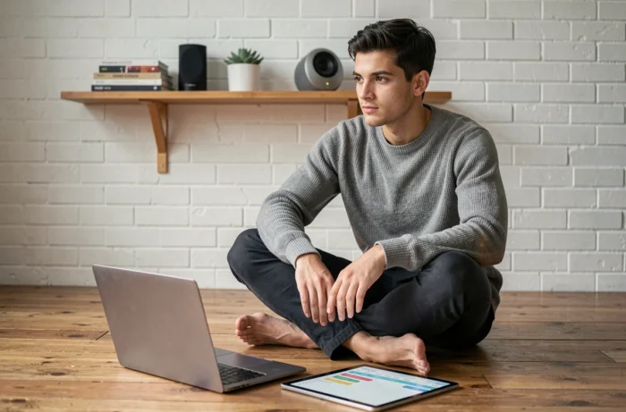 Jeune entrepreneur travaillant sur une stratégie de référencement et de marketing de contenu depuis un studio minimaliste