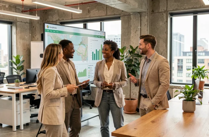 Équipe de professionnels analysant des données de transition énergétique dans un bureau moderne