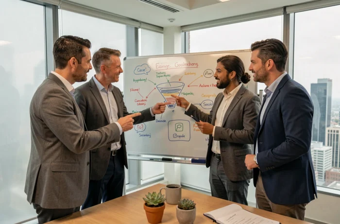 Équipe marketing collaborant autour d'un tableau blanc avec des stratégies de visibilité numérique et de référencement