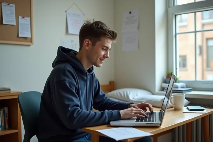Jeune étudiant concentré dans sa chambre universitaire