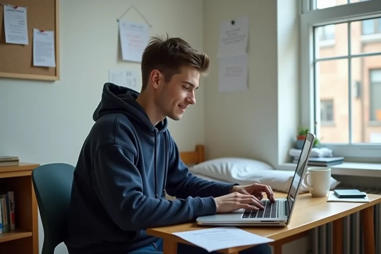 Jeune étudiant concentré dans sa chambre universitaire
