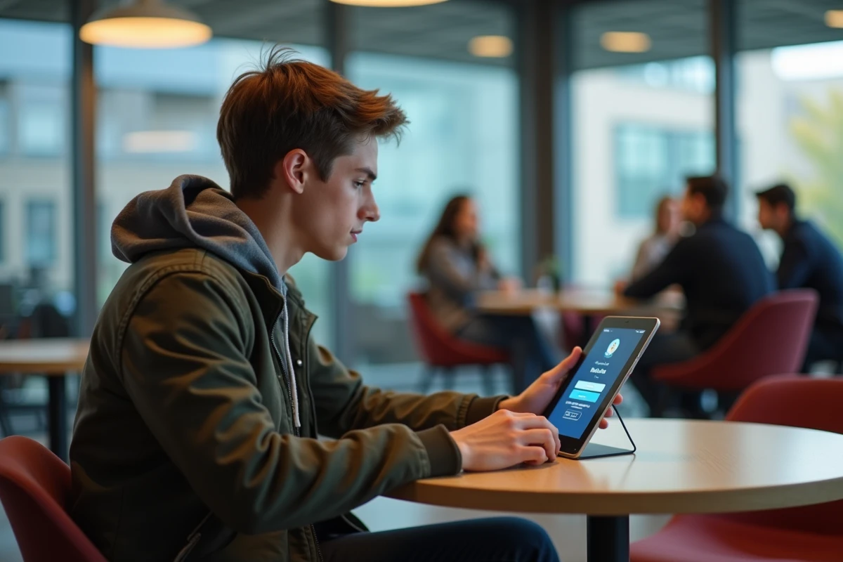 Etudiant au lycée utilisant une tablette dans un espace étudiant moderne