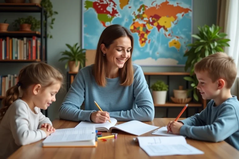 Famille en homeschooling dans une salle chaleureuse