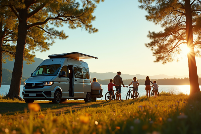 Famille moderne déchargeant vélos au camping ensoleillé