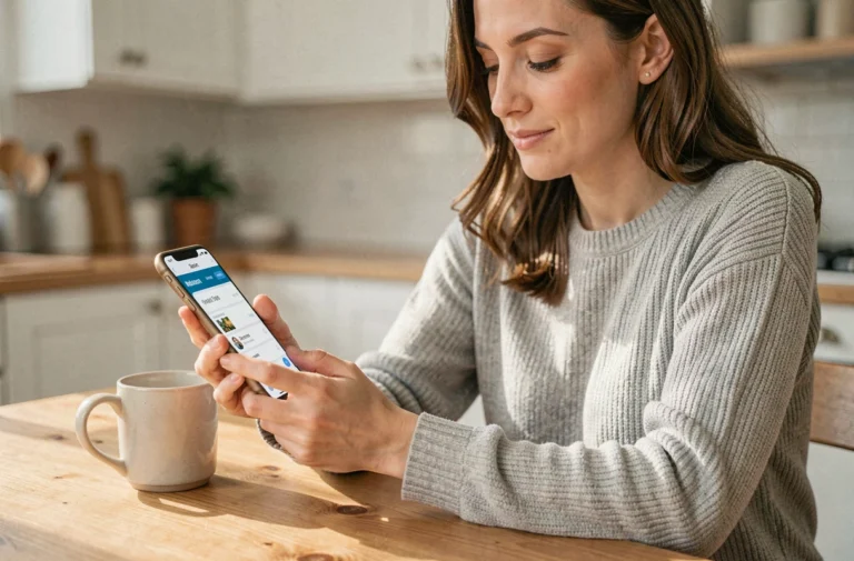 Femme utilisant l'application mobile CACMDS pour gérer ses comptes bancaires depuis chez elle