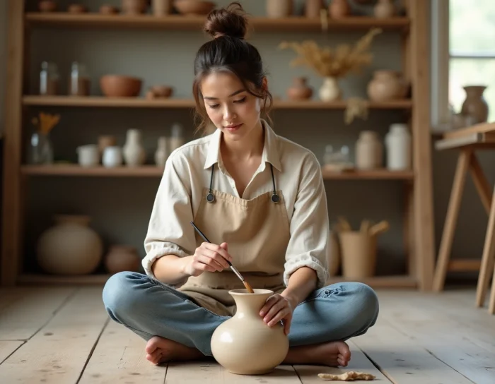 Femme peignant un vase en céramique dans un atelier artisanal, idée de loisir créatif tendance