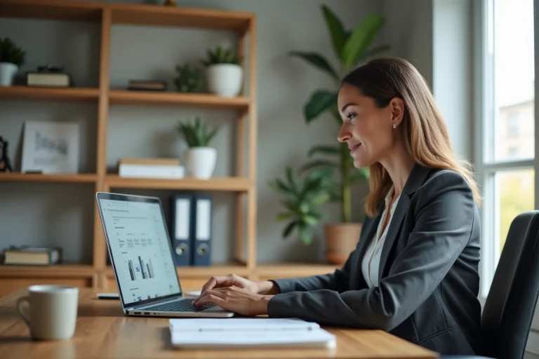 Femme d'affaires au bureau gérant immobilier en ligne