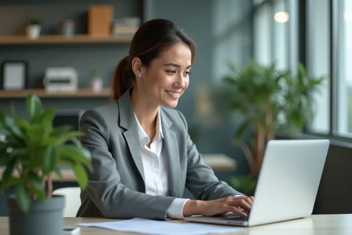 Femme professionnelle compare des logiciels sur son ordinateur