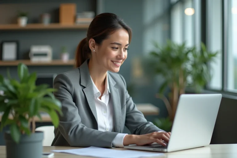 Femme professionnelle compare des logiciels sur son ordinateur