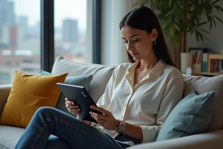 Jeune femme lisant des actualites tech sur une tablette