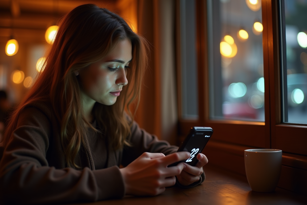 Young woman looking at her phone in a cozy café