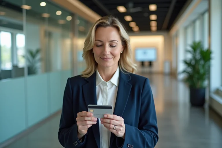 Femme tenant une carte dual Crédit Agricole dans une agence bancaire moderne