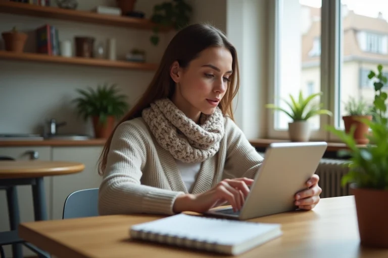 Femme française lisant des nouvelles sur une tablette dans une cuisine lumineuse