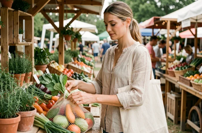 Femme faisant ses courses avec des sacs réutilisables dans un marché de producteurs locaux, mode de vie écoresponsable