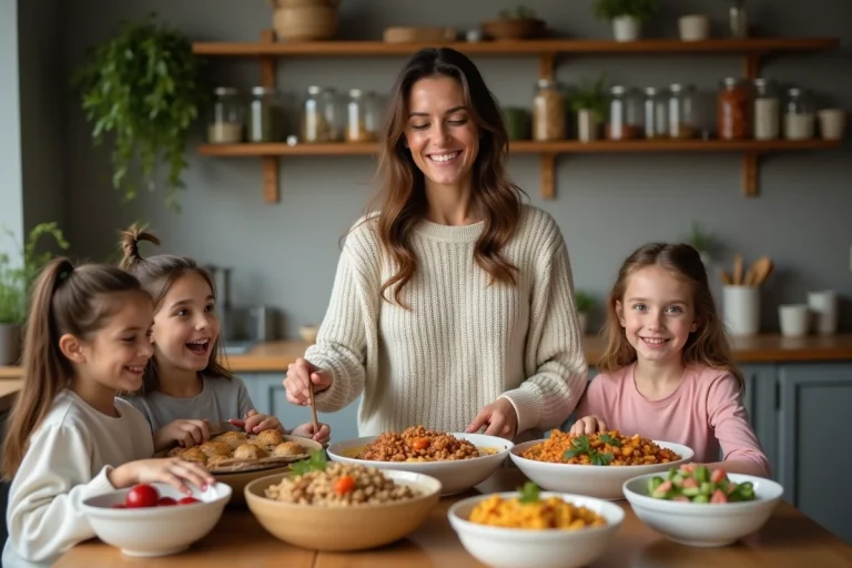 Femme souriante en cuisine avec enfants heureux