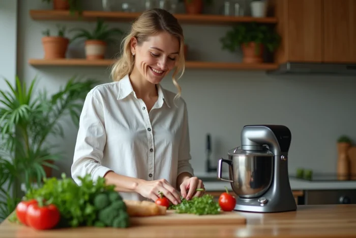 Femme en cuisine préparant des légumes frais